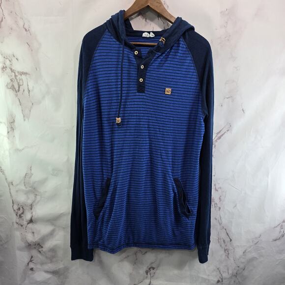 Tentree Shirt Mens XL Navy Blue Henley Hemp Organic Hooded Striped 10 Tree - Picture 1 of 11